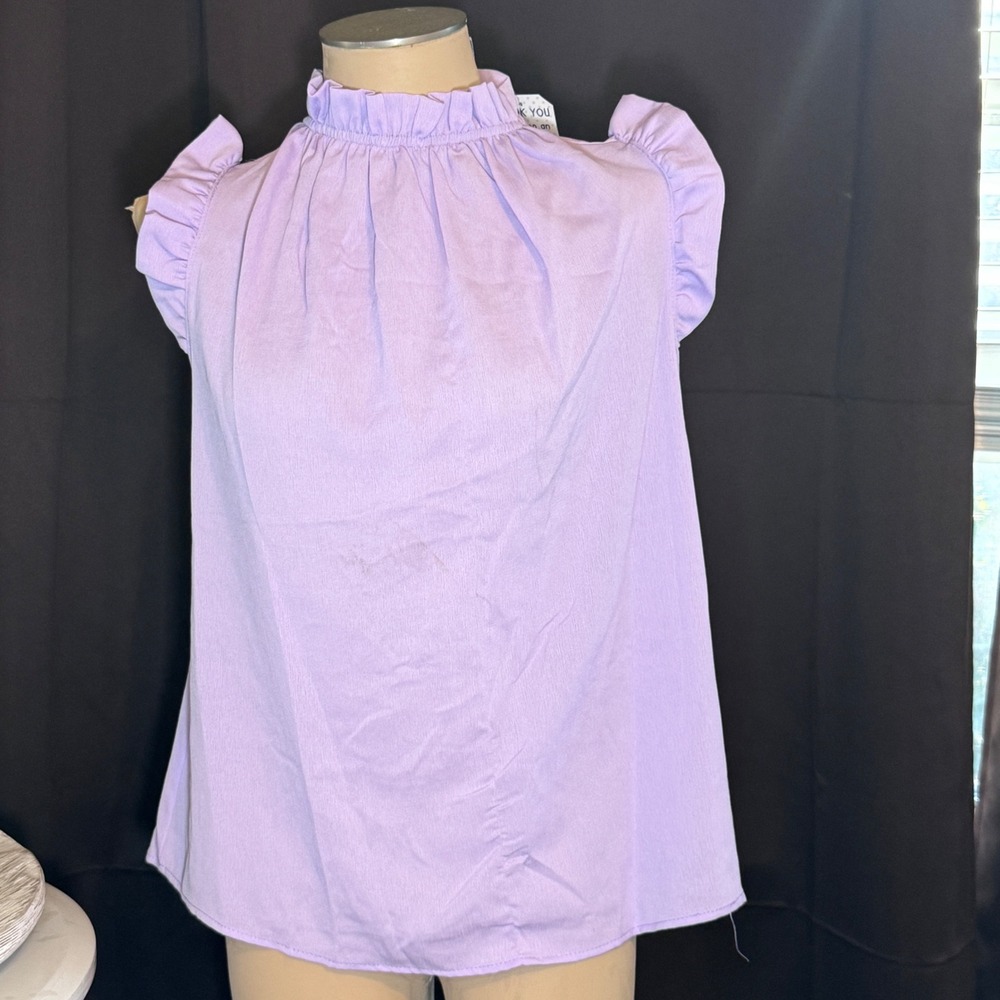 2 Hearts Womens Lavender Purple Ruffle High Neck Cap Sleeve Blouse Medium
